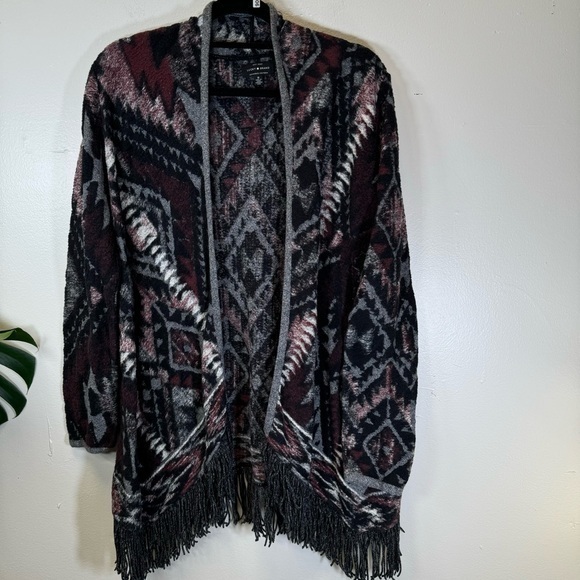 Lucky Brand tribal print kimono fringe Aztec sweater red black medium SP206 - Picture 1 of 11